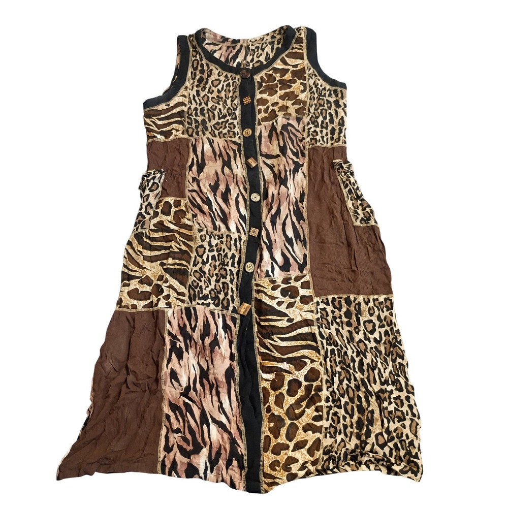 Animal Print Patchwork Midi Dress Womens L Brown Zebra Leopard Boho